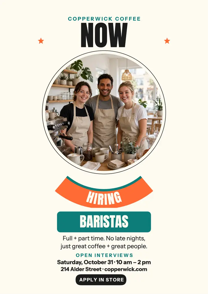 Copperwick Coffee barista hiring flyer template