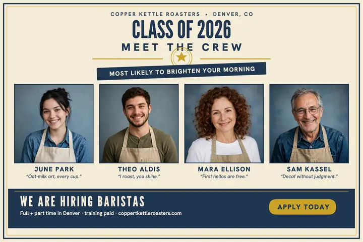 Copper Kettle crew yearbook hiring card template