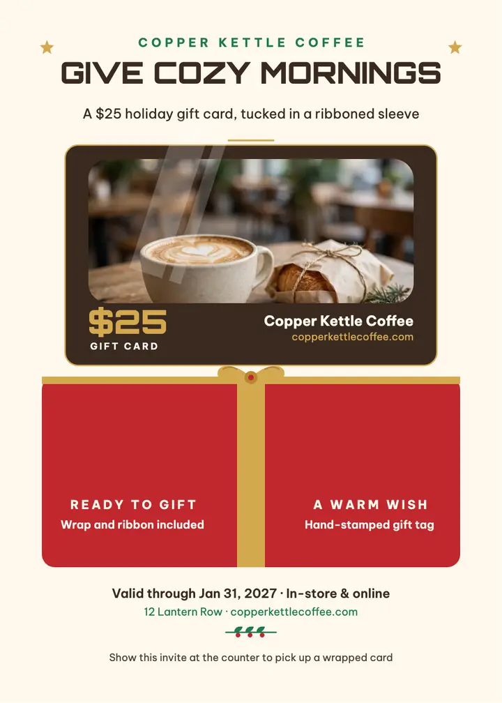 Copper Kettle holiday gift card invitation template