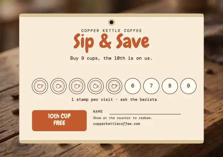 Copper Kettle Coffee loyalty stamp card: coffee loyalty card template