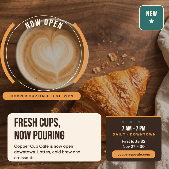 Copper Cup Cafe now open badge post template