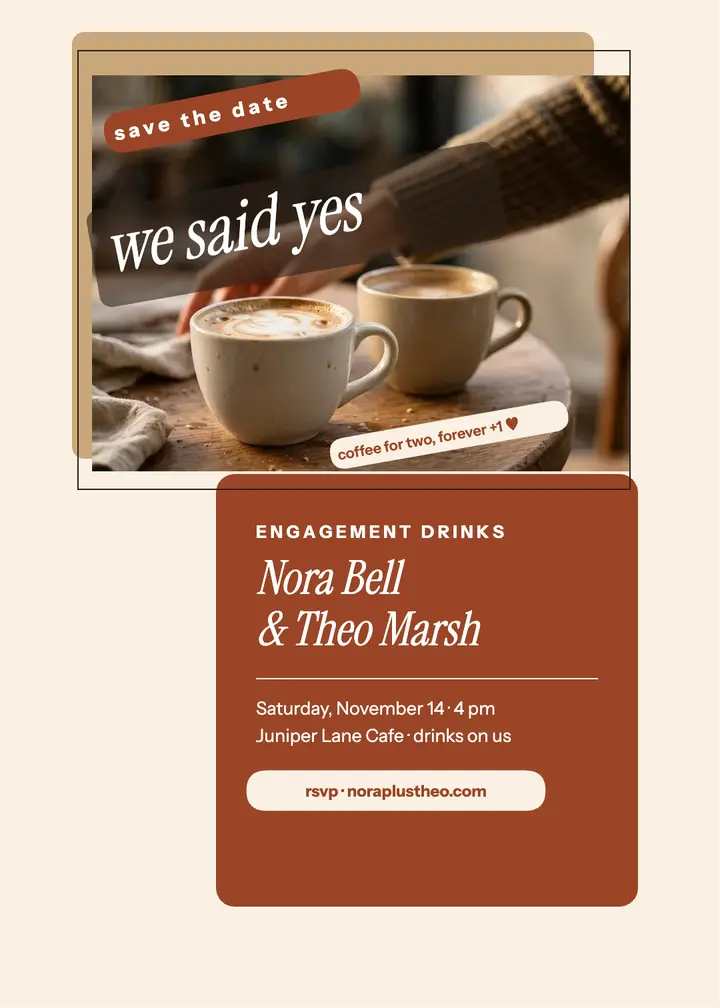 Nora and Theo coffee plus one invitation: engagement party invitation template