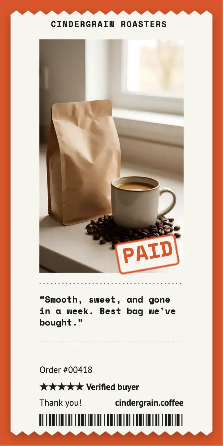 Cindergrain Roasters review receipt ad: coffee review ad template