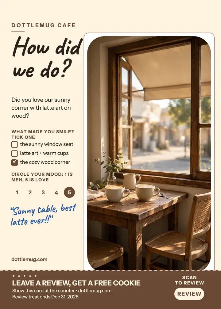 Dottlemug Cafe feedback table tent: coffee shop feedback card template