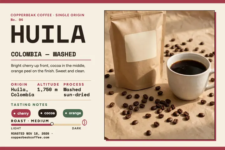 Copperbeak Huila tasting notes card template