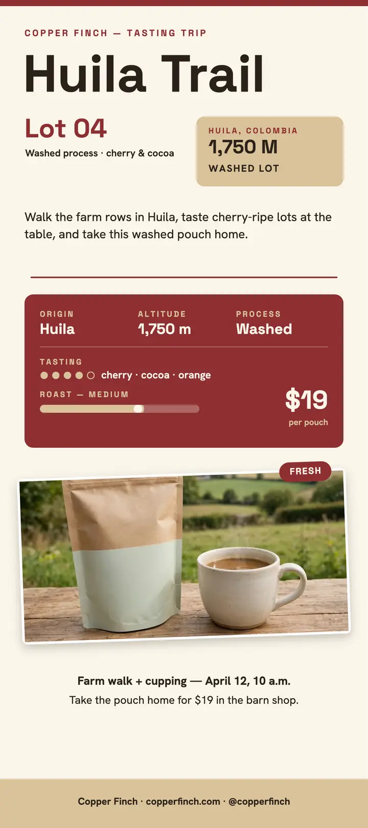 Copper Finch Huila Trail tasting card template