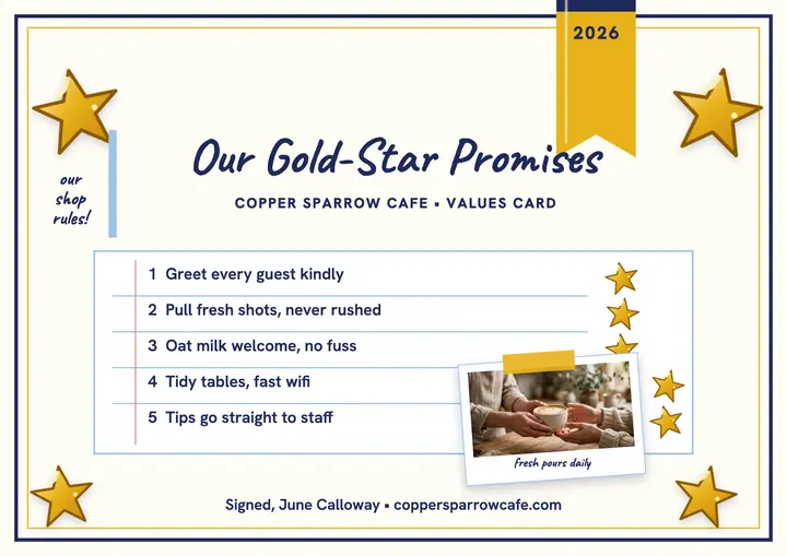 Copper Sparrow Cafe gold-star values chart: coffee shop values certificate template