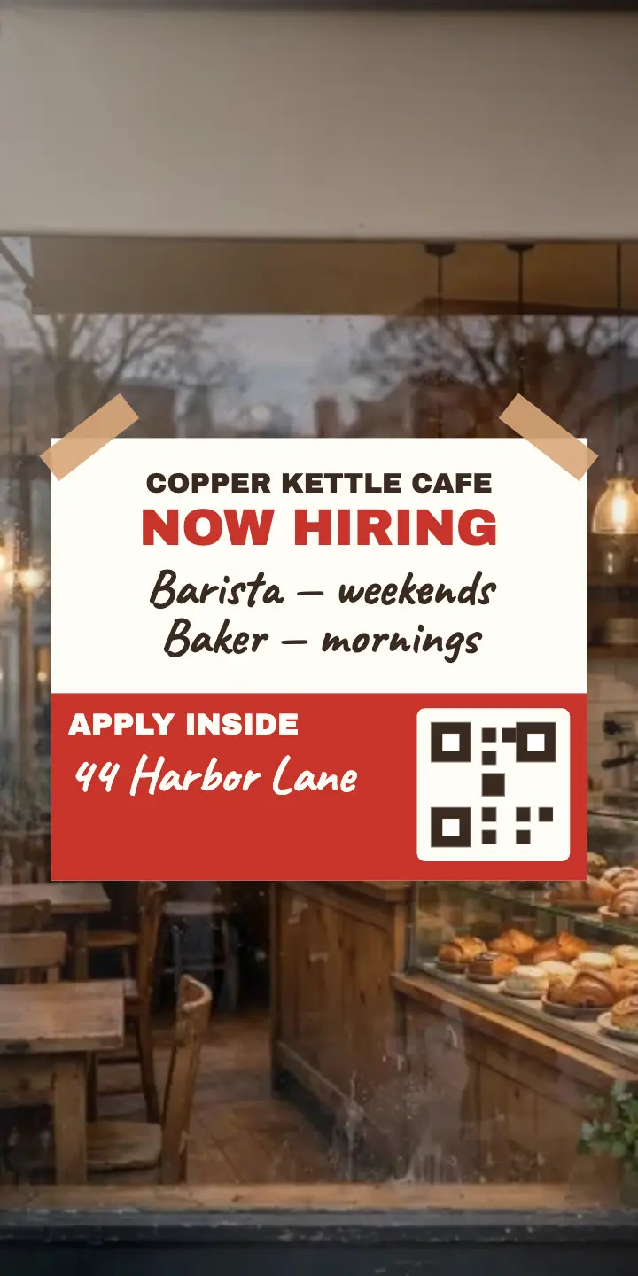 Copper Kettle now hiring window card: now hiring coffee shop ad template