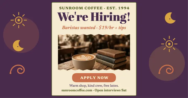 Sunroom Coffee hiring baristas post: coffeehouse hiring post template