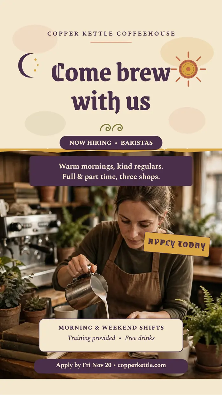 Copper Kettle barista hiring story template