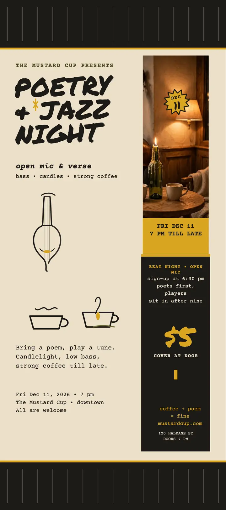 Mustard Cup open mic rack card template