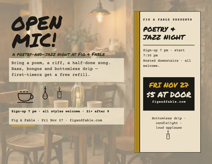 Fig and Fable open mic night flyer: open mic flyer template