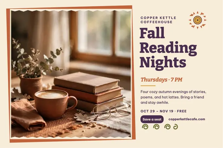 Copper Kettle Fall Reading Nights postcard template