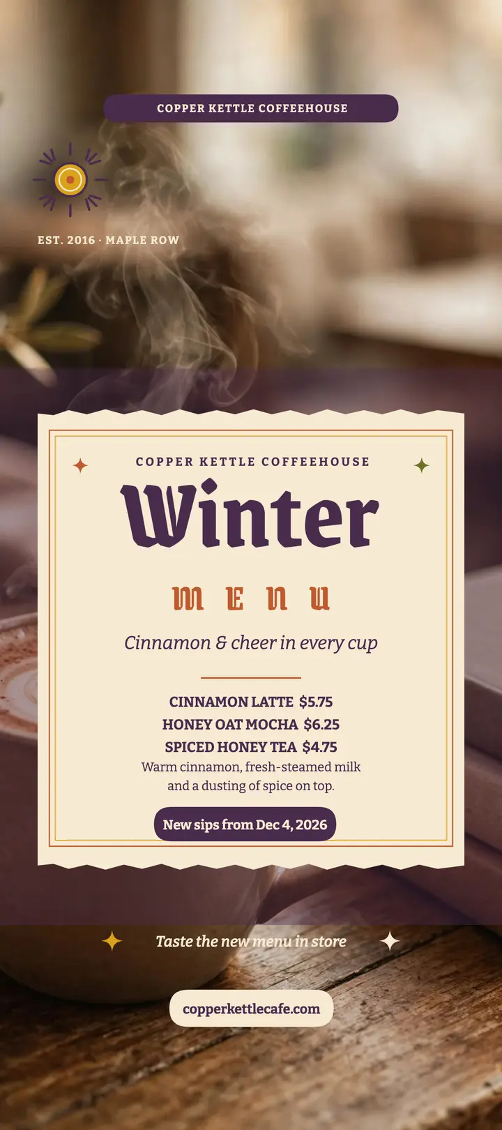 Copper Kettle winter menu rack card template