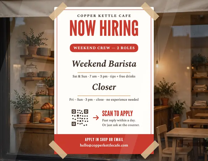 Copper Kettle Cafe weekend hiring flyer template