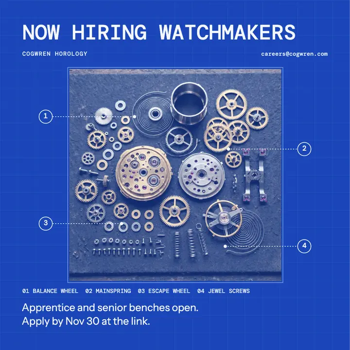 Cogwren Horology watchmaker hiring blueprint post: hiring post template