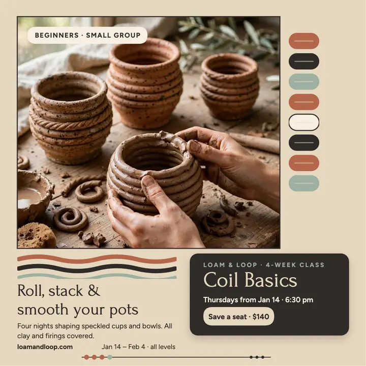 Loam and Loop coil clay class post: clay class promo template