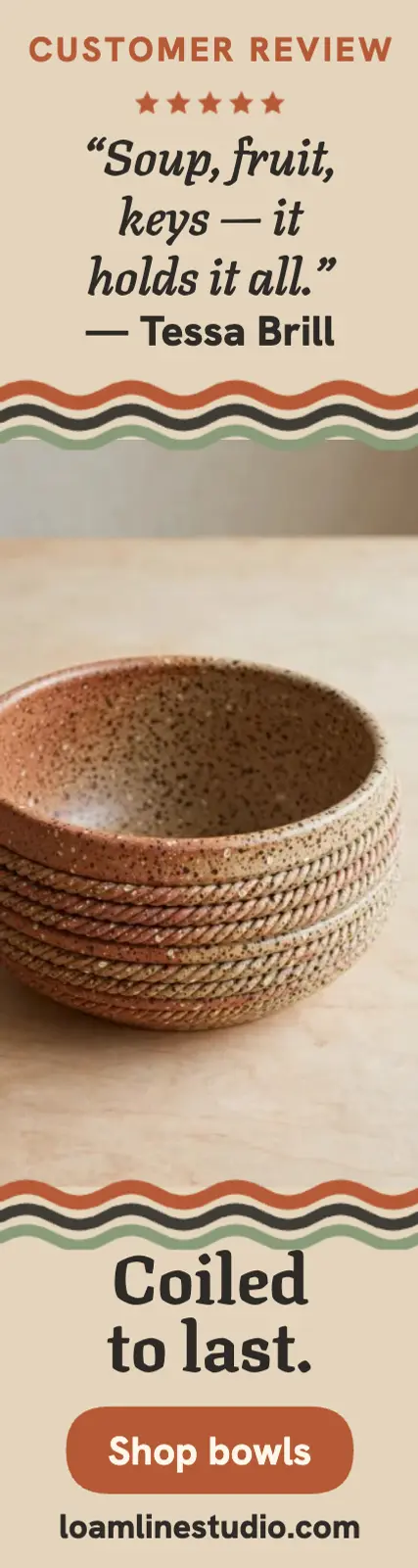 Loamline Studio coil bowl review skyscraper ad: pottery review ad template