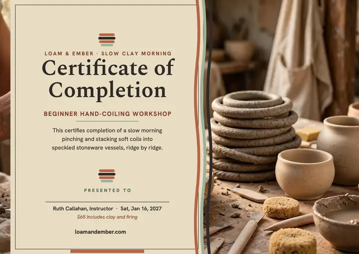 Loam and Ember coiled clay certificate template