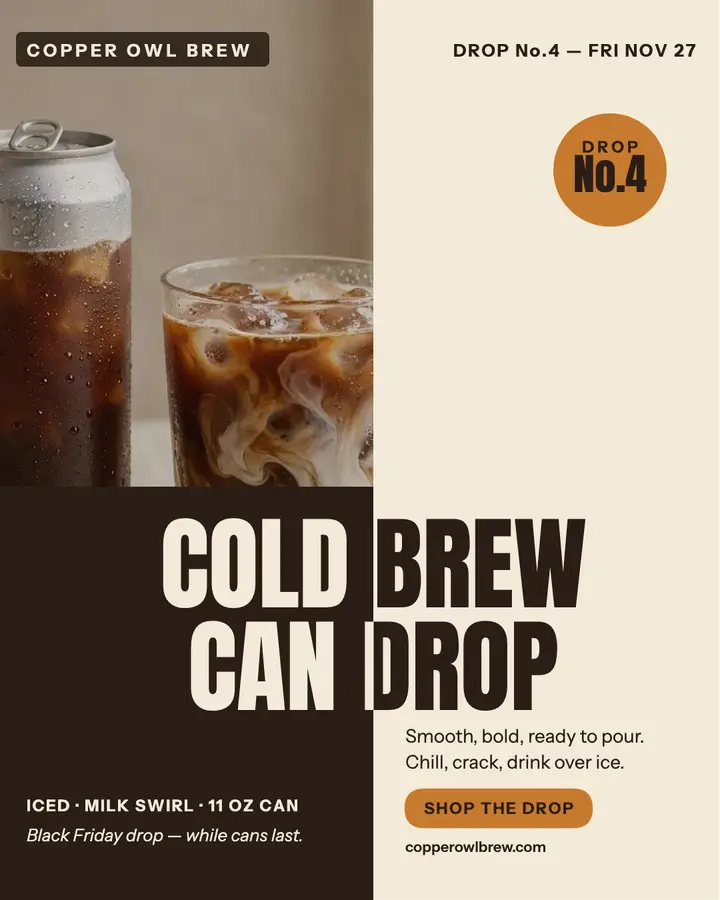 Copper Owl Brew cold brew can drop post template