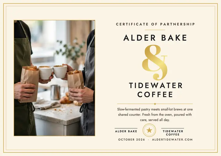 Alder Bake and Tidewater Coffee collab certificate template