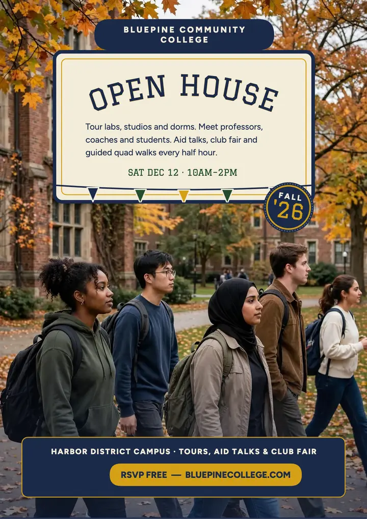 Bluepine College fall open house varsity flyer template