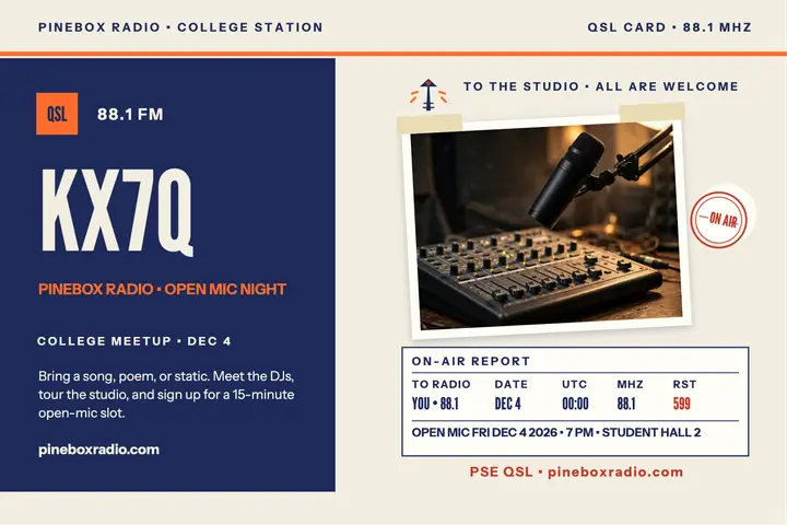 Pinebox Radio open mic QSL postcard template