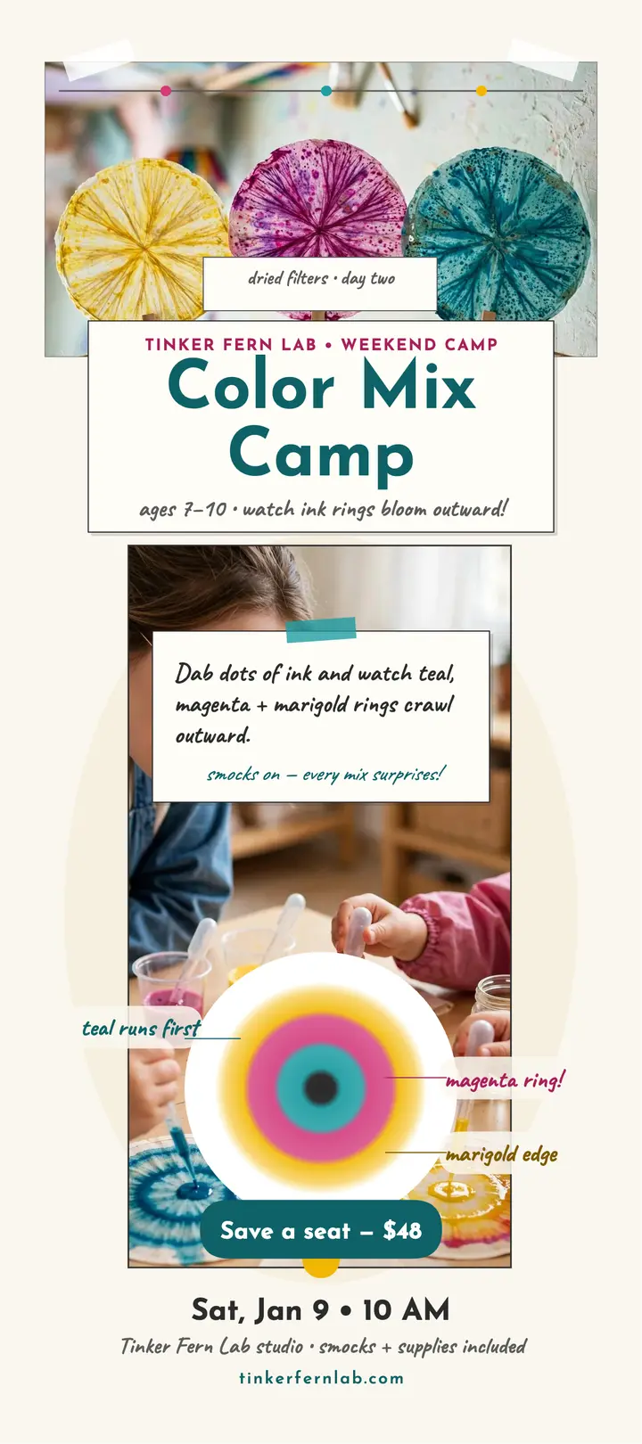Color Mix Camp rack card, Tinker Fern Lab template