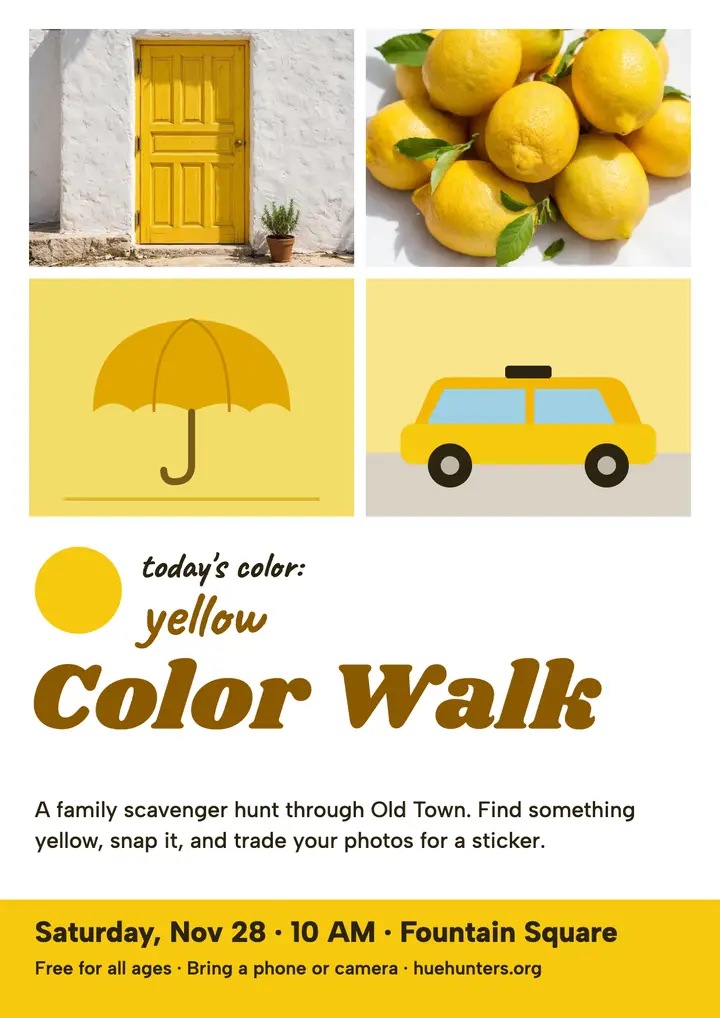 Color Walk family scavenger hunt flyer, Hue Hunters template