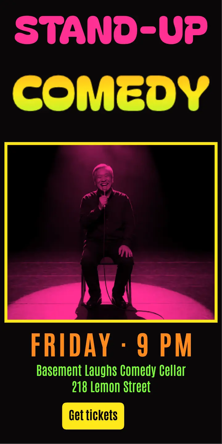 Basement Laughs comedy night ad, chicha poster: comedy night half page ad template