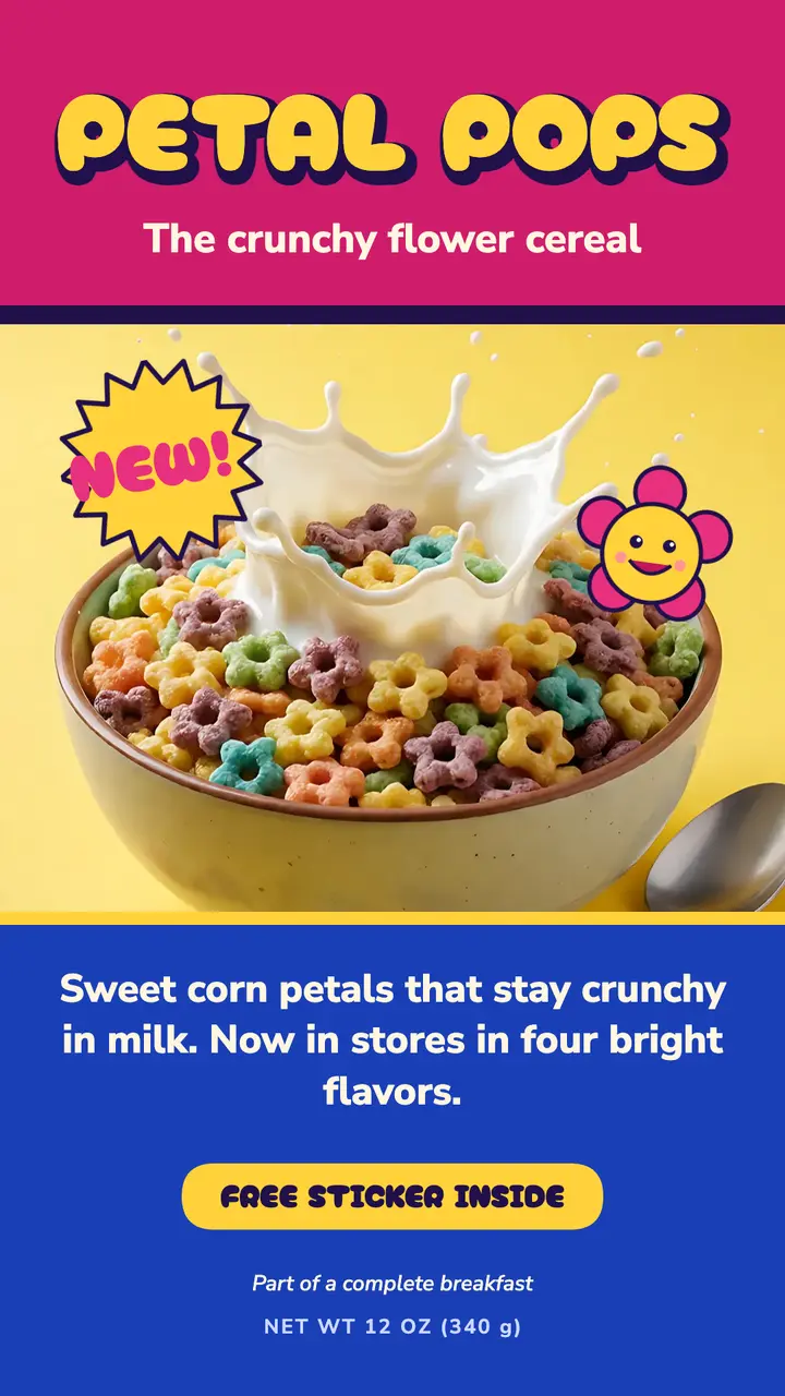 Petal Pops cereal box launch story: new cereal launch story template