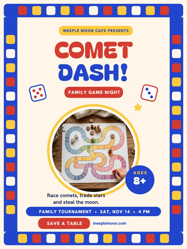 Comet Dash family game night, board-game cafe template