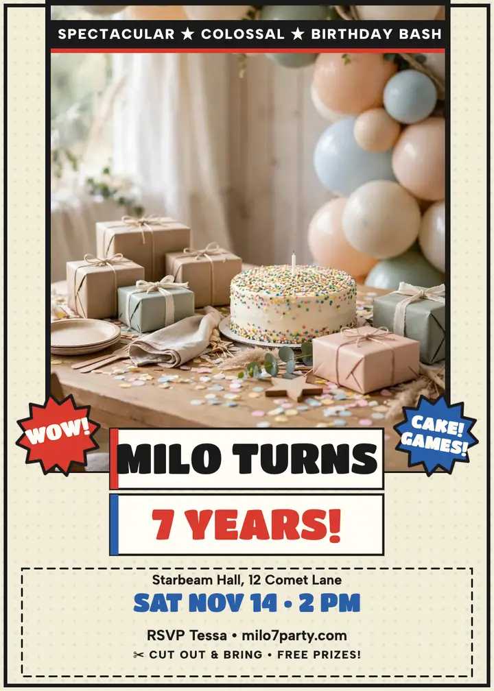 Milo turns 7 comic ad invitation: birthday invitation template