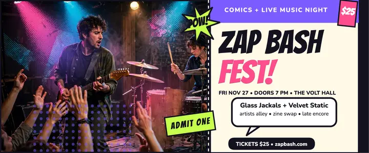 Zap Bash Fest comic night ticket template