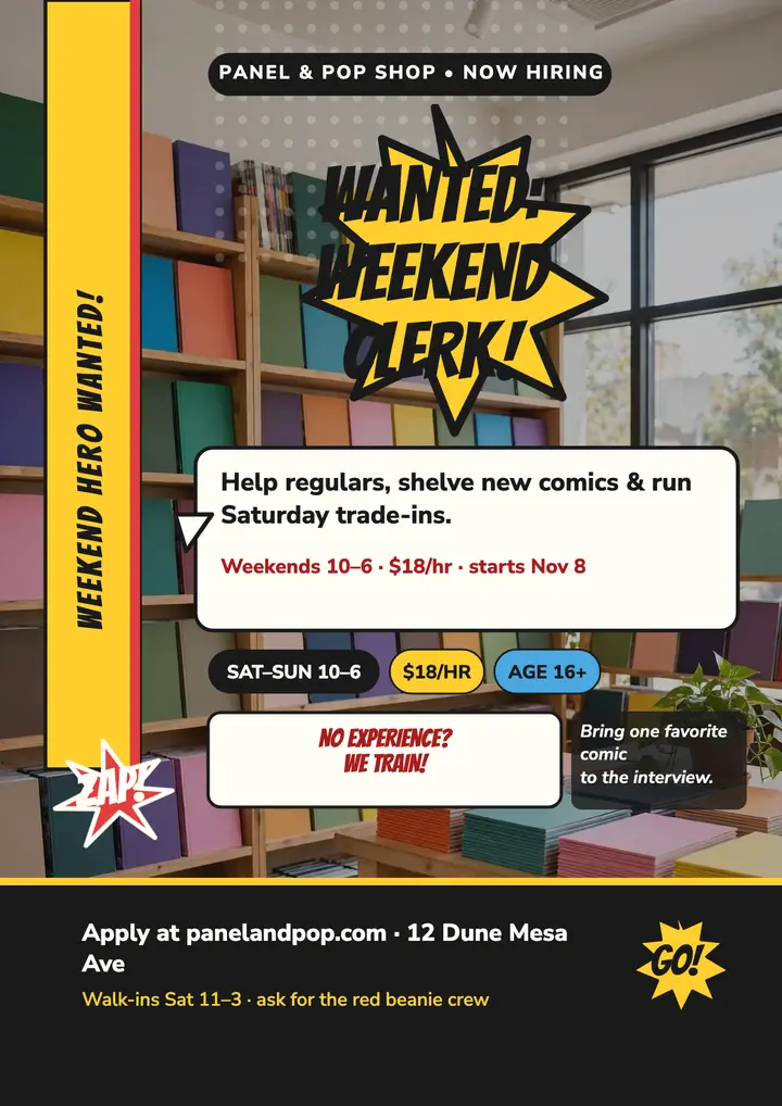 Panel and Pop weekend clerk hiring flyer template