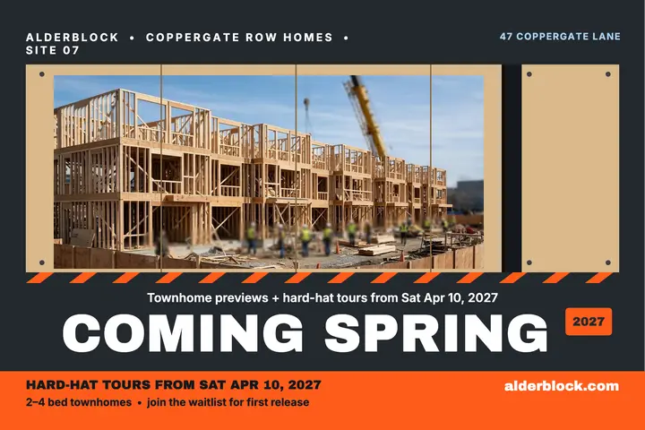 Coppergate Row coming spring hoarding postcard: coming soon homes postcard template