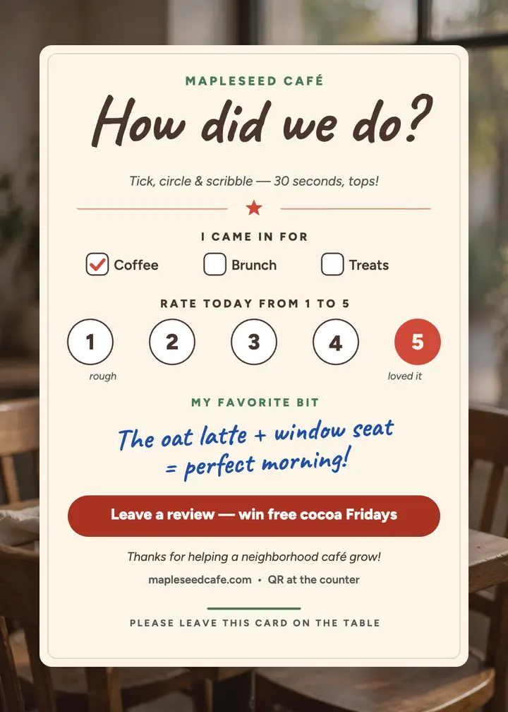 Mapleseed Cafe review table tent template