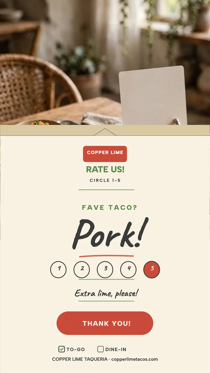 Copper Lime taco review table card: taco review card template