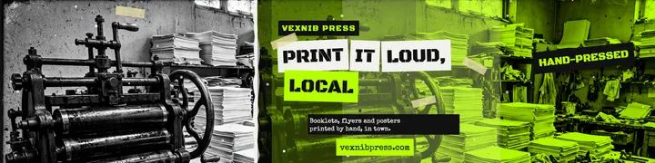 Vexnib Press community print shop banner, punk zine template