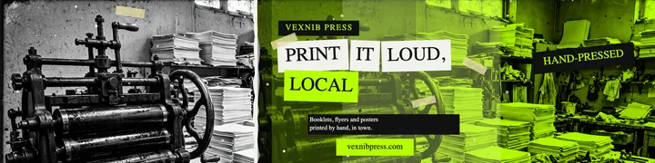 Vexnib Press community print shop banner, punk zine template