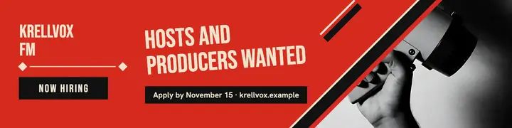 Krellvox FM hiring banner, constructivist agitprop template