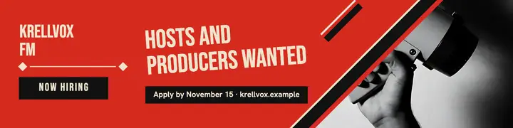 Krellvox FM hiring banner, constructivist agitprop template