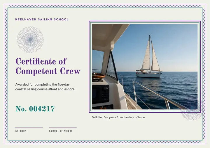 Sailing course certificate, banknote guilloche template