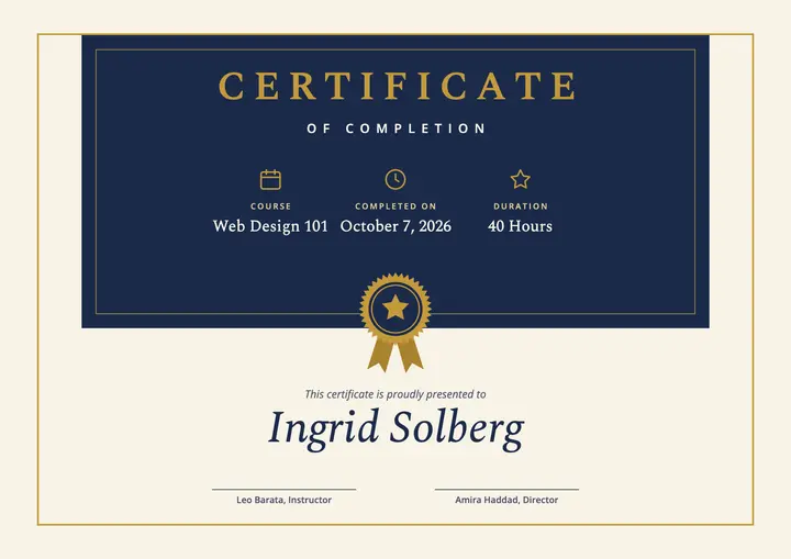 Navy and gold completion certificate template