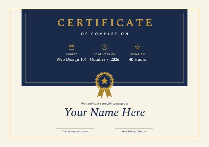 Navy and gold completion certificate template