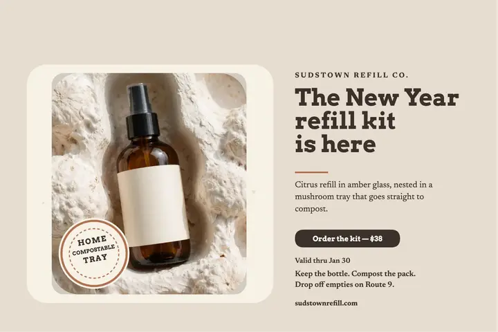 Sudstown New Year refill kit postcard: refill cleaner postcard template