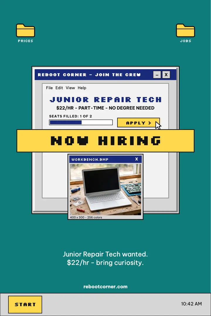Reboot Corner hiring poster, retro desktop template