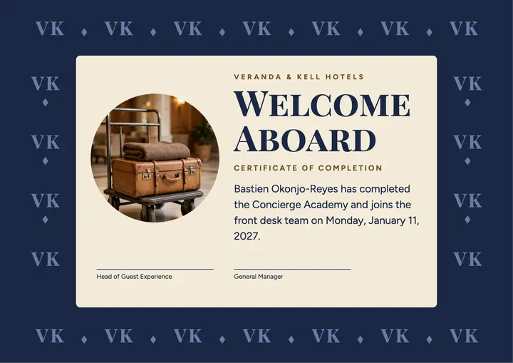 Concierge academy certificate, monogram repeat: welcome aboard certificate template