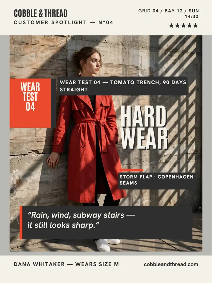Cobble and Thread trench coat spotlight: customer spotlight portrait template