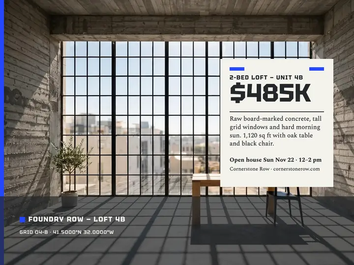 Foundry Row concrete loft listing slide template